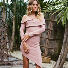 Load image into Gallery viewer, Women Slash Neck Dress Long Sleeves Womens Cotton Off Shoulder Pencil Dress Winter Female Solid Color Sexy Knit Dresses New 2018