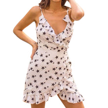 Load image into Gallery viewer, Deep V Star Print Ruffles Strap Mini Dresses Women Sexy Sleeveless Slim Dress Summer Ladies Fashion Elegant Dress New Vestidos