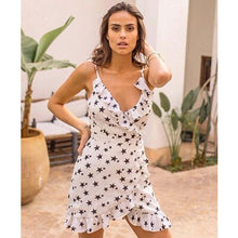 Load image into Gallery viewer, Deep V Star Print Ruffles Strap Mini Dresses Women Sexy Sleeveless Slim Dress Summer Ladies Fashion Elegant Dress New Vestidos